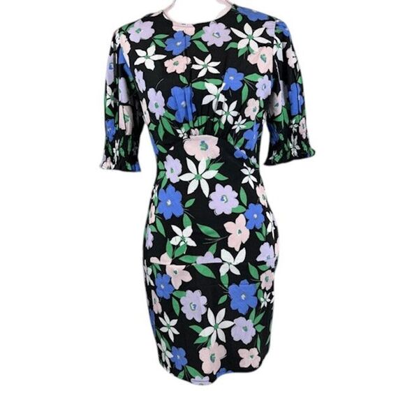 Nasty Gal Black Floral Print Dress Empire Waist Pintuck Blue White Size 2 - Picture 2 of 11